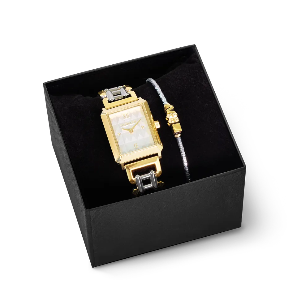 coeur-de-lion-geschenkset-uhr-iconic-spikes-silber-bicolor-cube-trio-armband-gol image 1