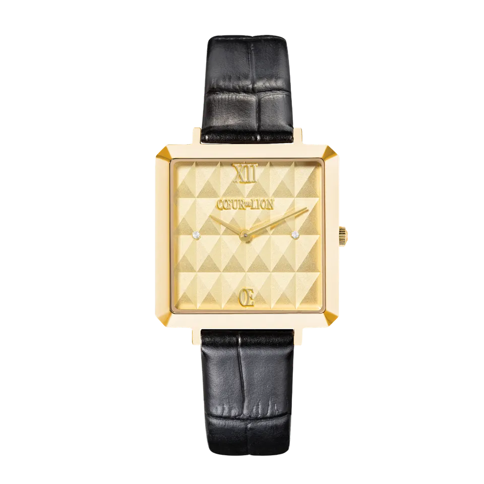 coeur-de-lion-iconic-cube-spikes-uhr-gold-leder-schwarz image 1