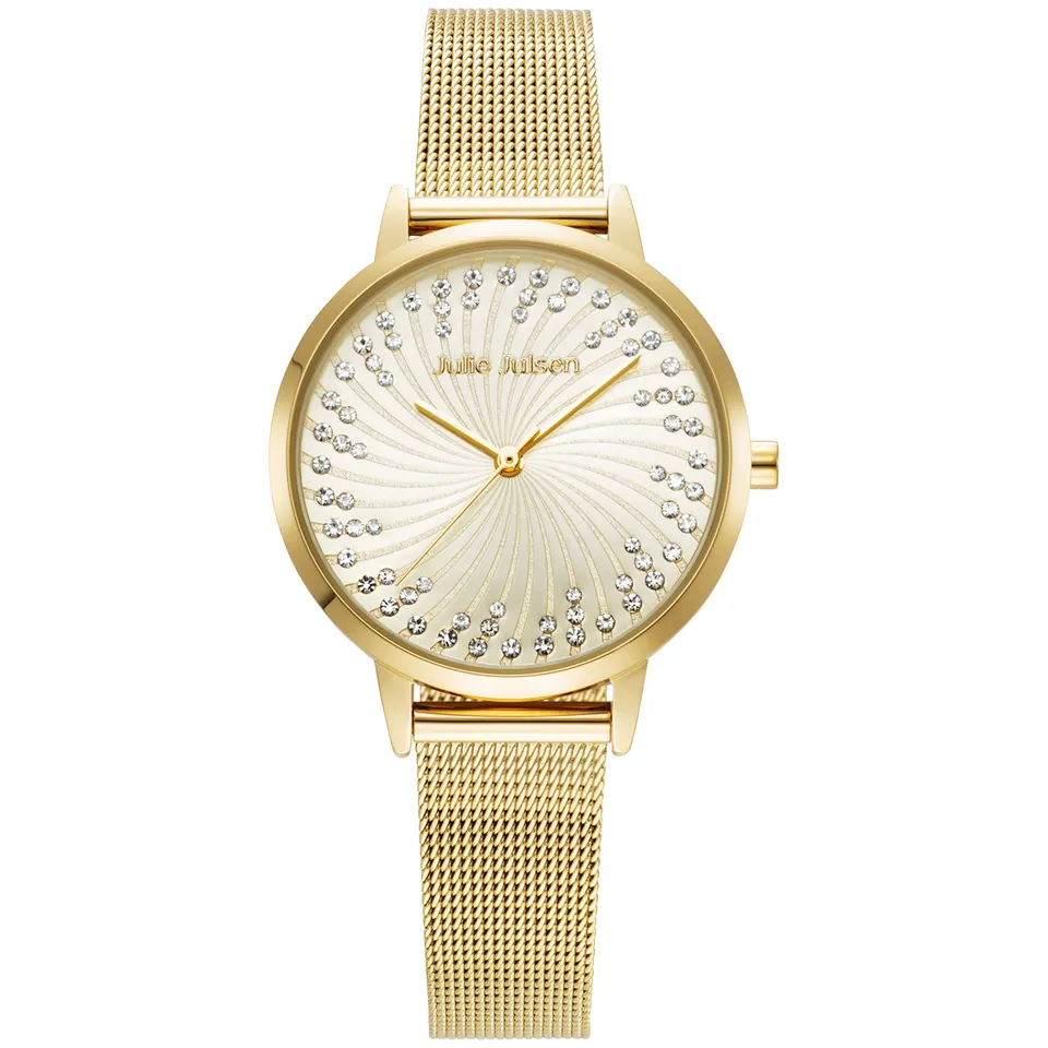 julie-julsen-damenuhr-shiny-ii-vergoldet-champagne-meshband-72-wei-e-zirkonia image 1