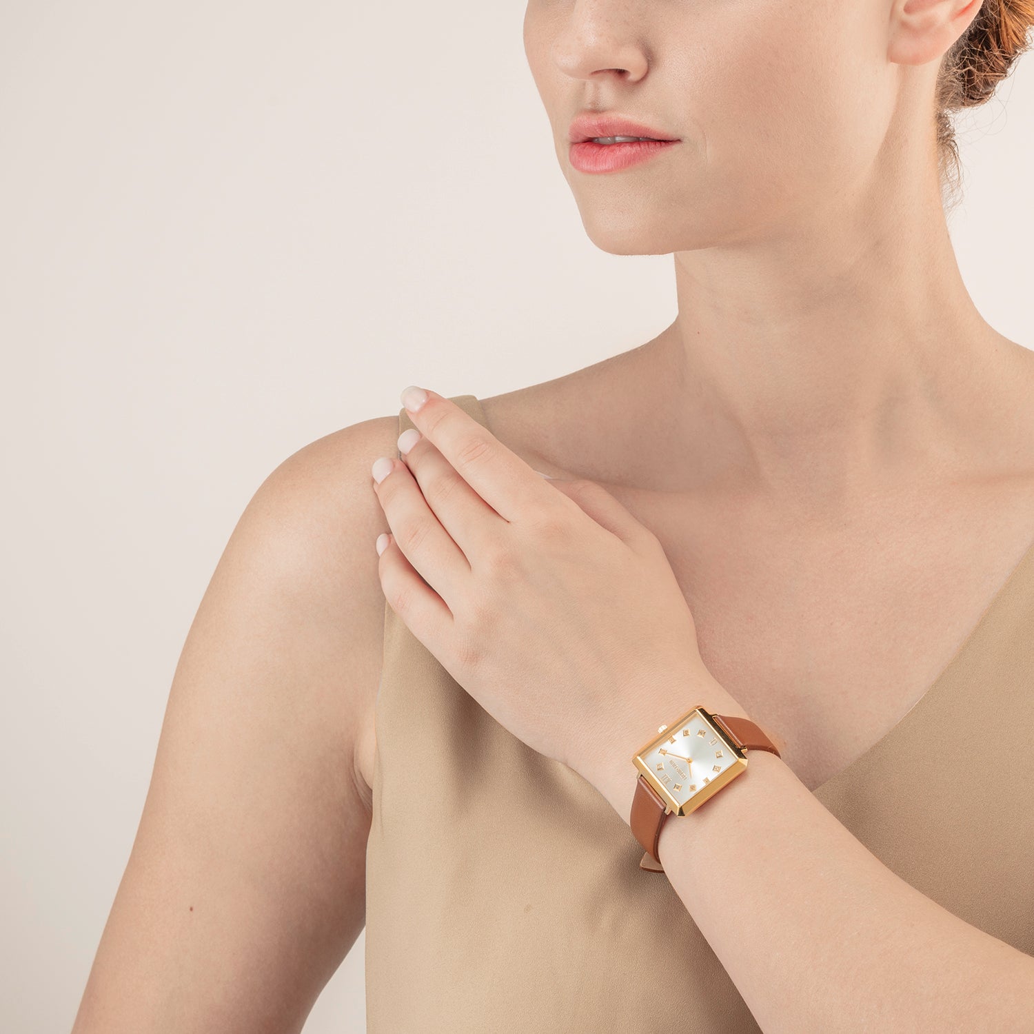 coeur-de-lion-iconic-square-armbanduhr-gold-white-sunray-leder-braun image 3