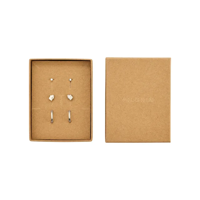 pilgrim-halo-geschenkset-3-in-1-silberplattiert-ohrstecker-herz-und-huggie-hoops image 1