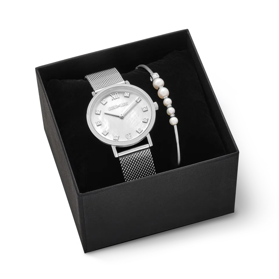 coeur-de-lion-perlmutt-uhr-rund-milanaise-silber-s-wasserperlen-armband-geschenk image 1