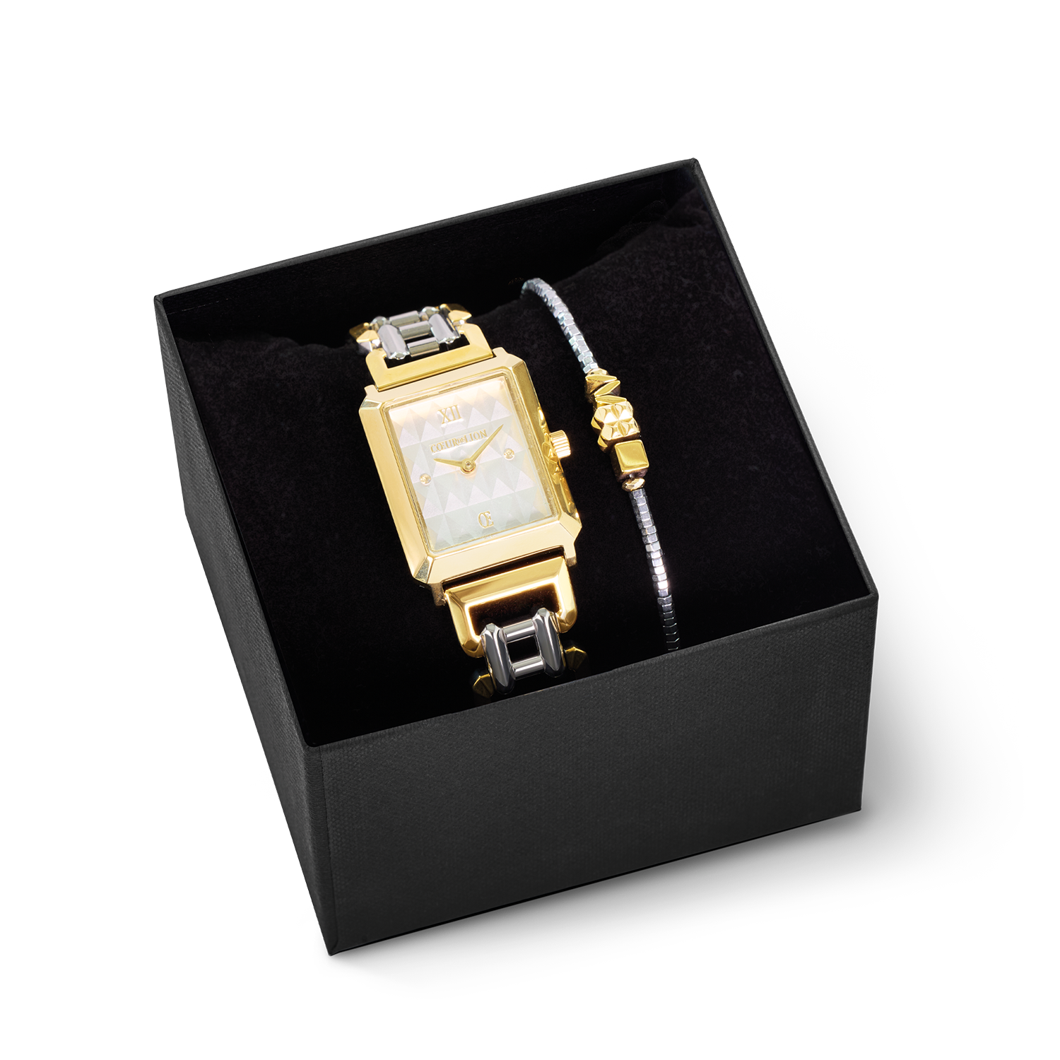 coeur-de-lion-geschenkset-uhr-iconic-spikes-silber-bicolor-cube-trio-armband-gol image 1