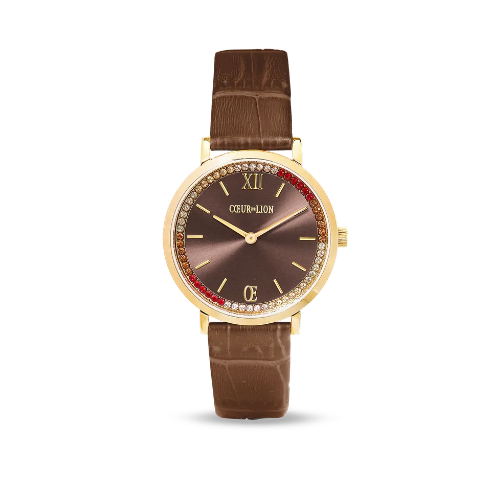 coeur-de-lion-uhr-rund-sparkling-sunray-leder-braun-gold-34-mm image 1