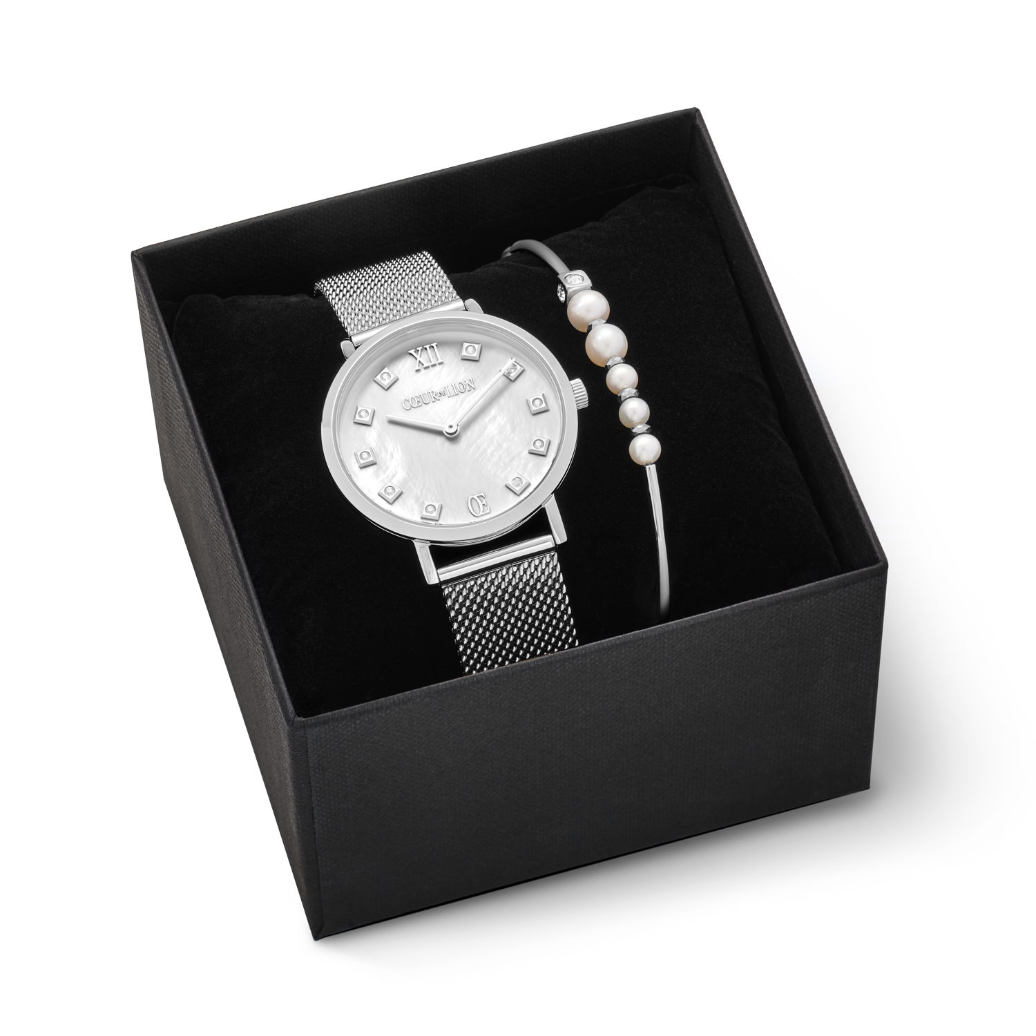coeur-de-lion-perlmutt-uhr-rund-milanaise-silber-s-wasserperlen-armband-geschenk image 1