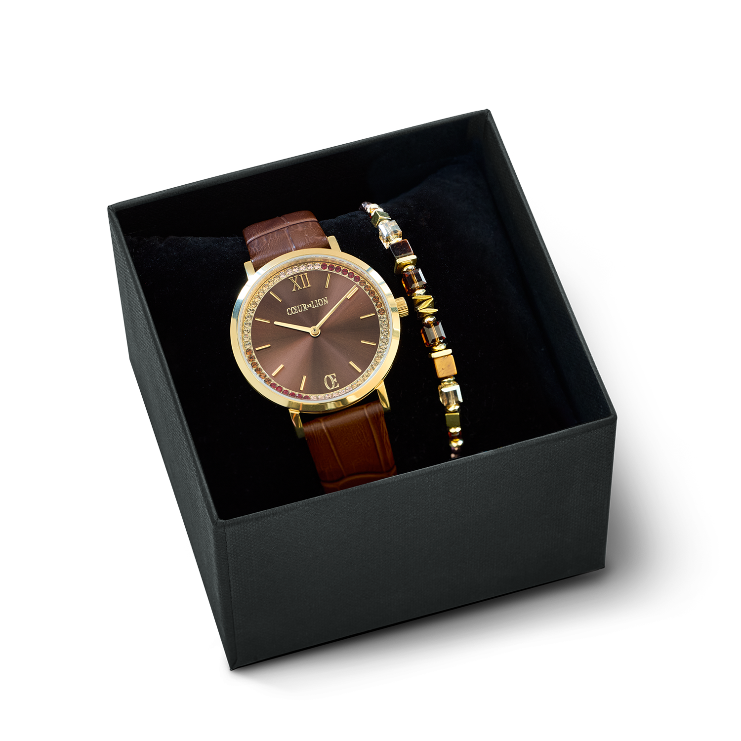 coeur-de-lion-geschenkset-uhr-rund-sparkling-braun-armband-wave-cube-flow-gold-b image 1
