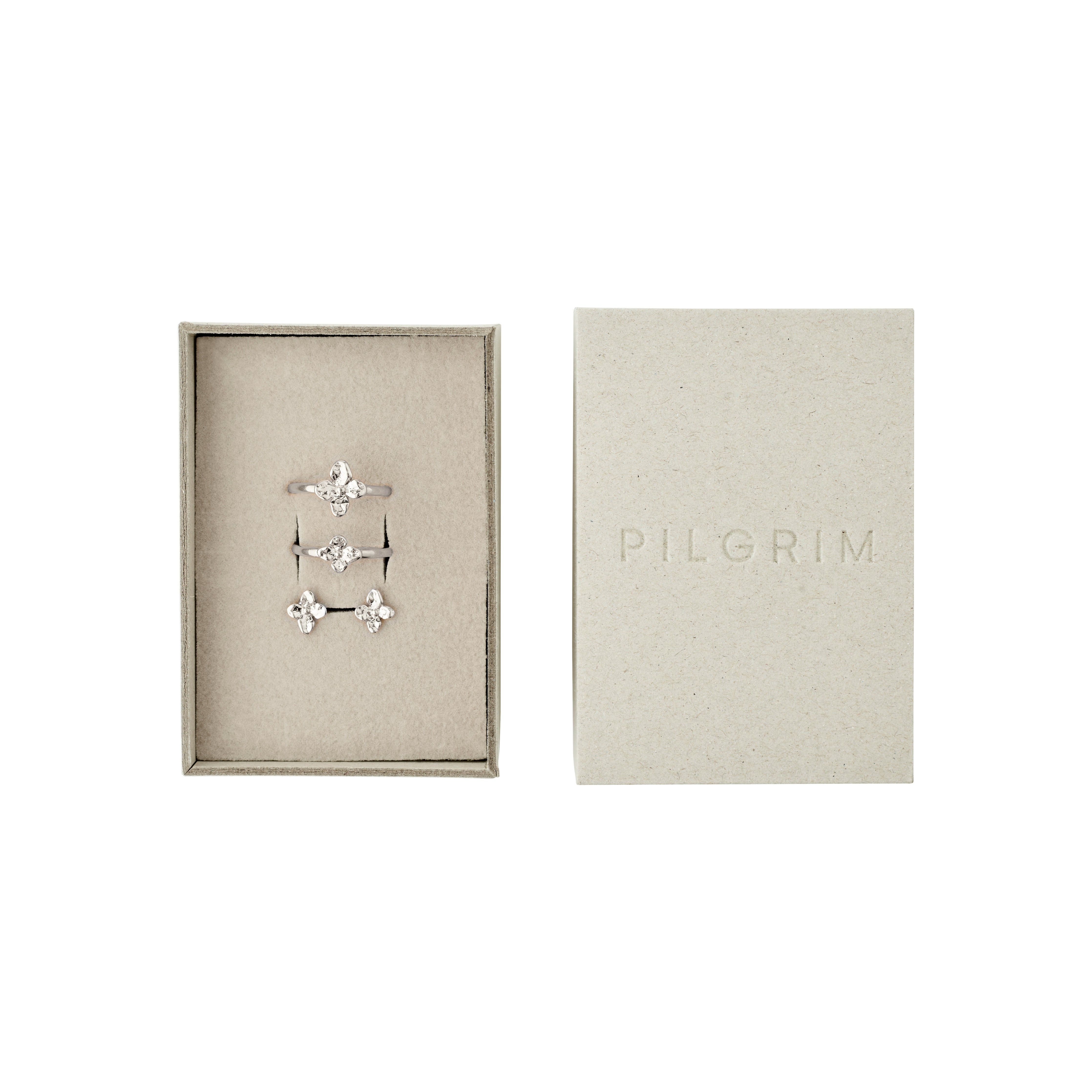 pilgrim-sanine-geschenkset-ringe-ohrstecker-versilbert-floral image 1