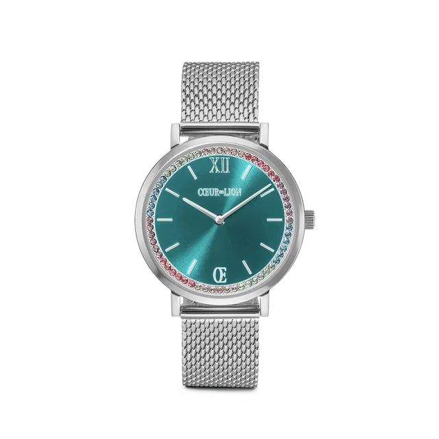 coeur-de-lion-uhr-rund-sparkling-sunray-transformative-teal-milanaise-silber image 1