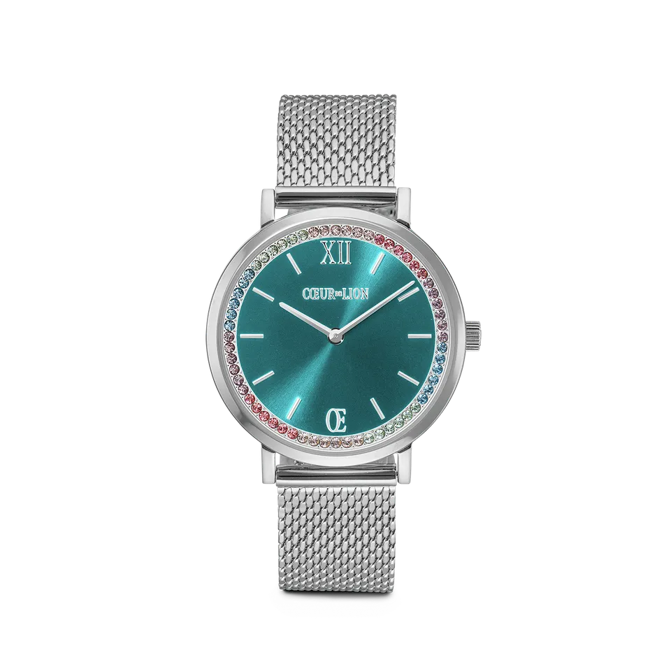 coeur-de-lion-uhr-rund-sparkling-sunray-transformative-teal-milanaise-silber image 1