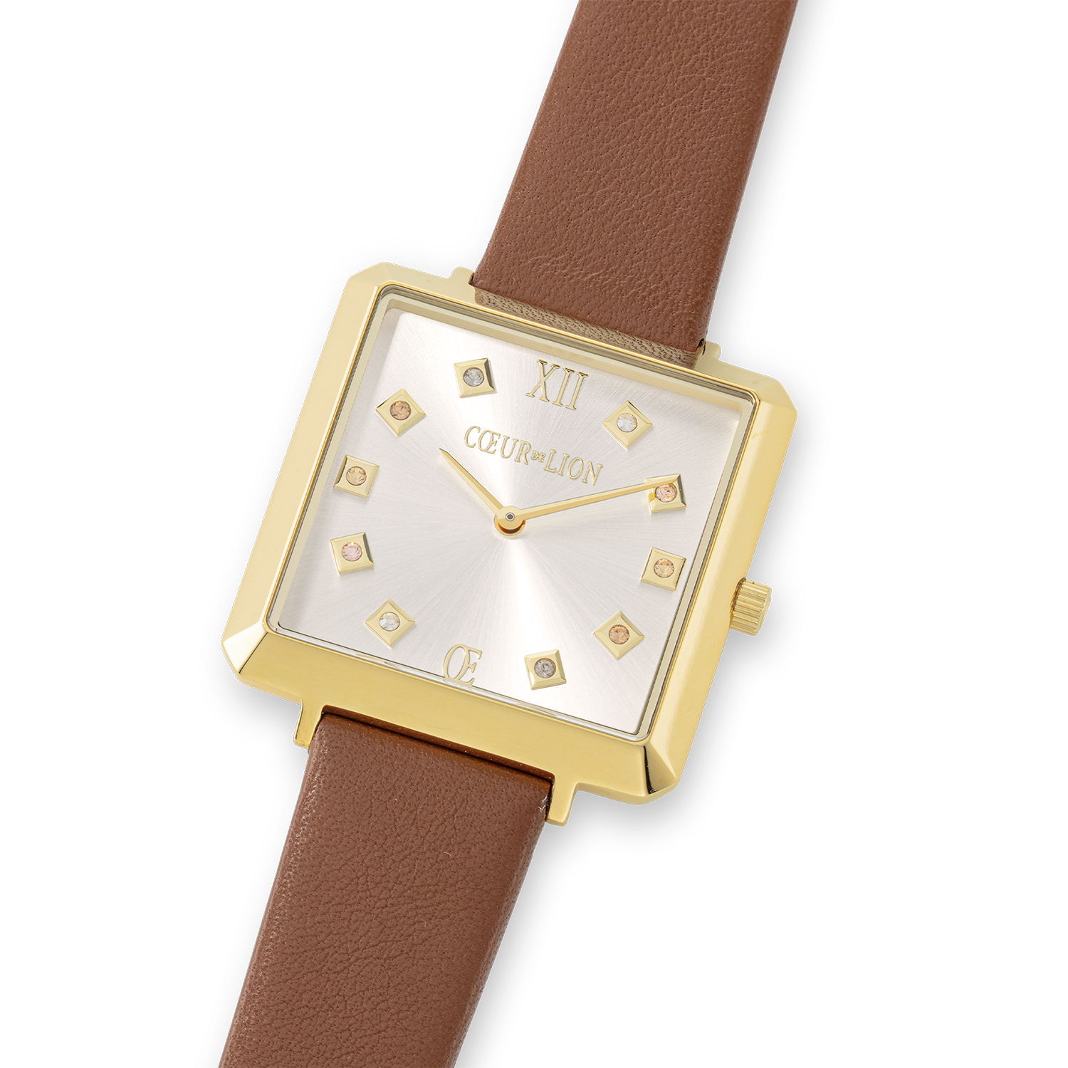 coeur-de-lion-iconic-square-armbanduhr-gold-white-sunray-leder-braun image 2