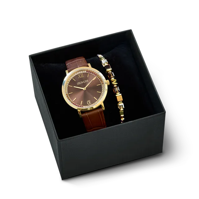 coeur-de-lion-geschenkset-uhr-rund-sparkling-braun-armband-wave-cube-flow-gold-b image 1