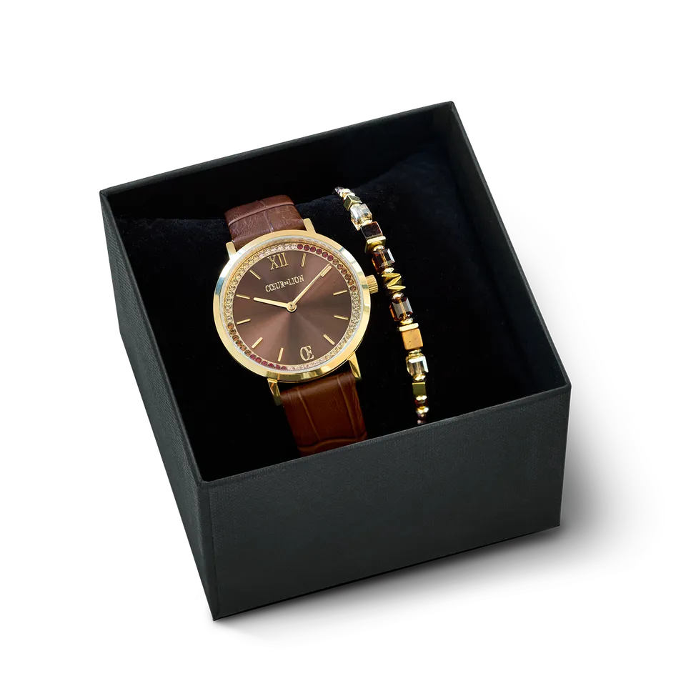 coeur-de-lion-geschenkset-uhr-rund-sparkling-braun-armband-wave-cube-flow-gold-b image 1