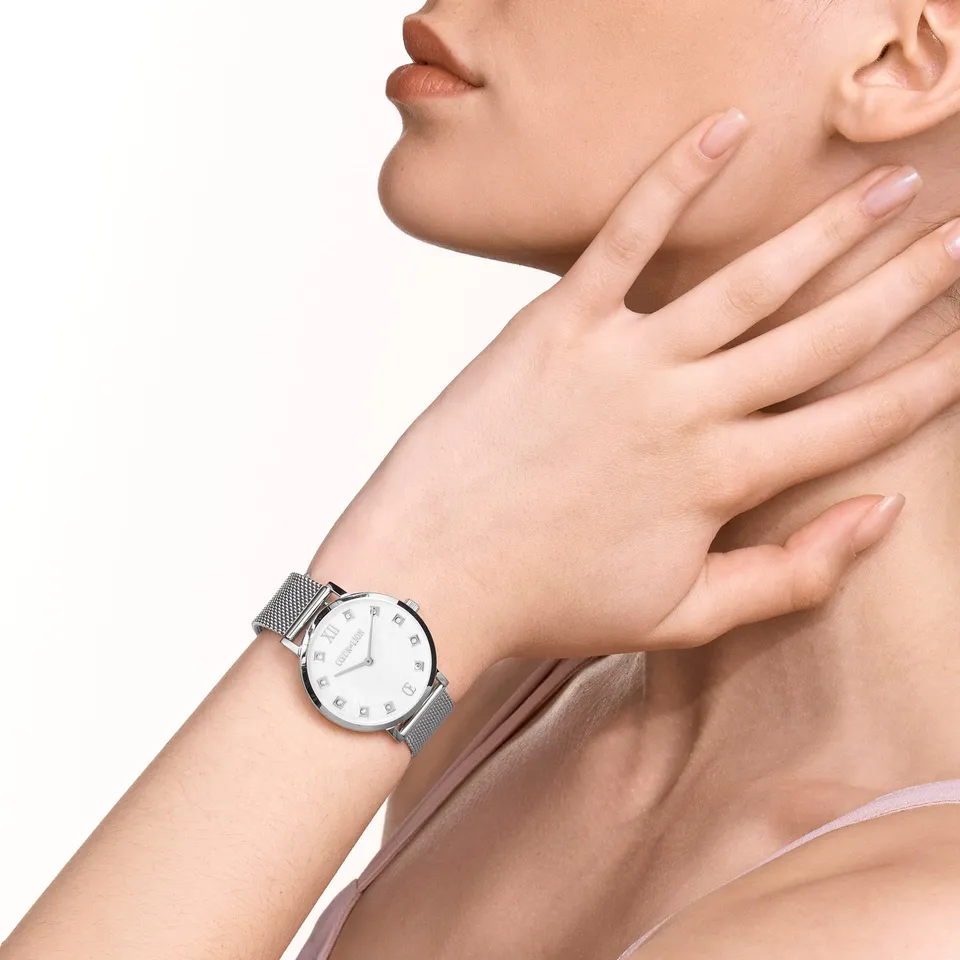 coeur-de-lion-uhr-rund-perlmutt-milanaise-edelstahl-silber image 1