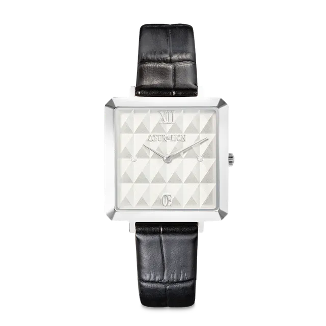 coeur-de-lion-iconic-cube-spikes-uhr-silber-mit-lederarmband-schwarz image 1