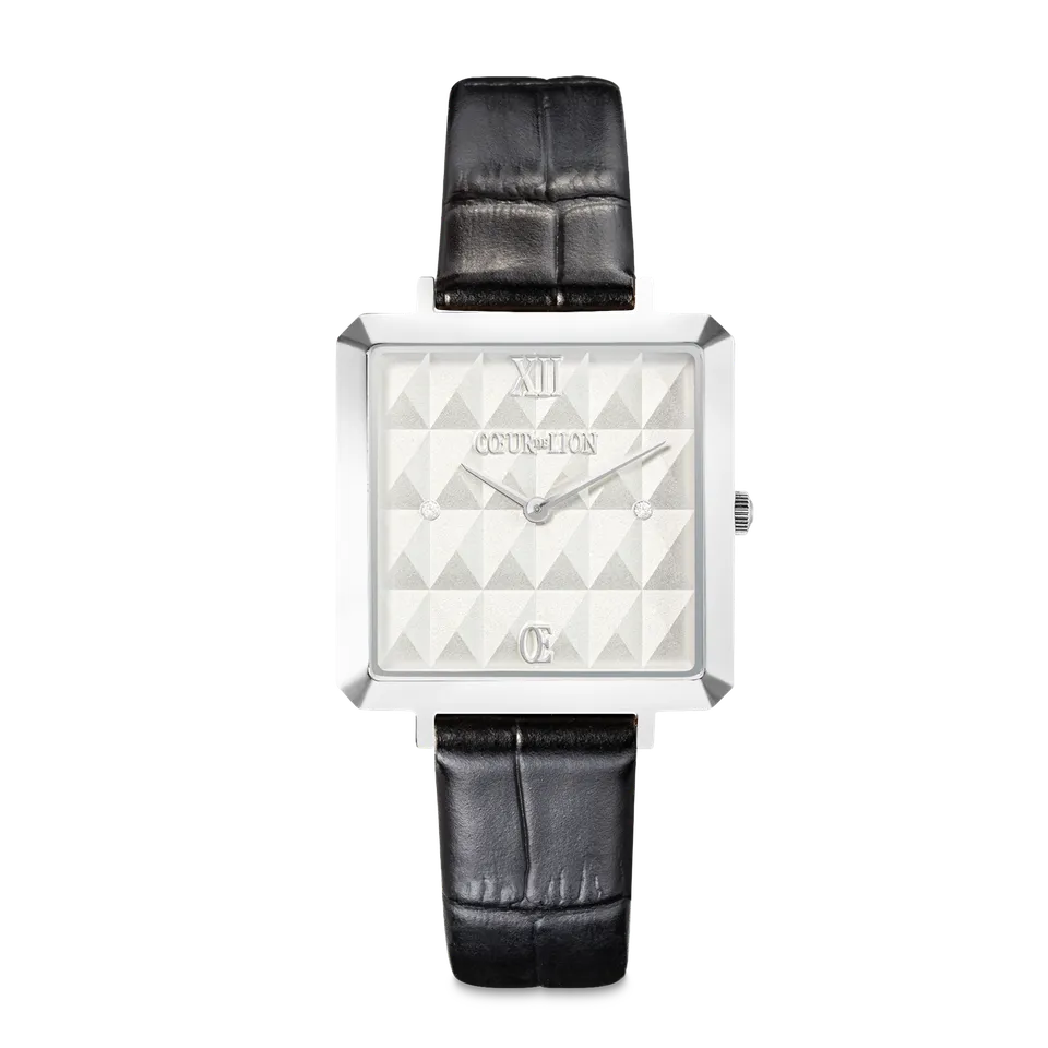 coeur-de-lion-iconic-cube-spikes-uhr-silber-mit-lederarmband-schwarz image 1