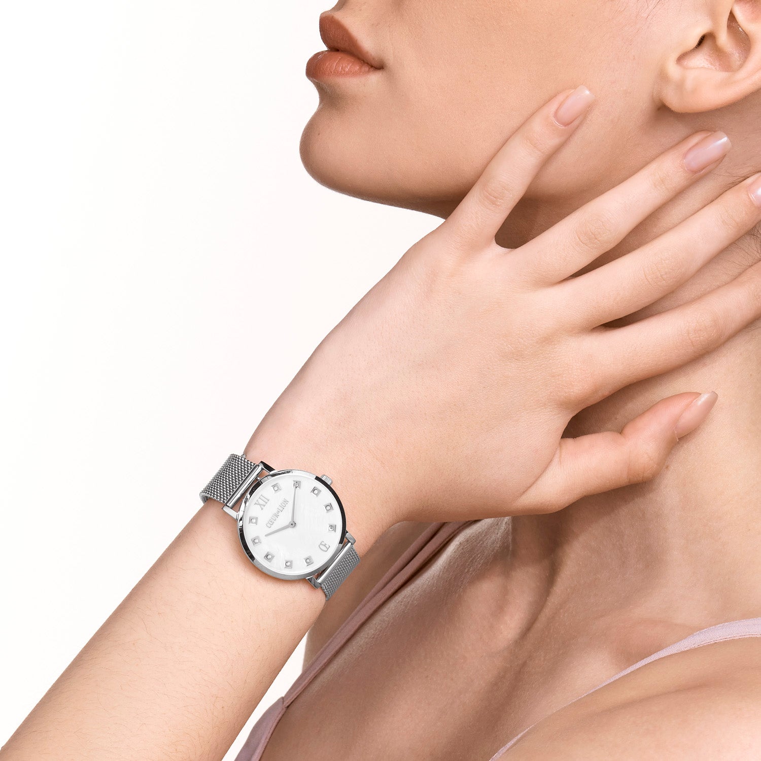 coeur-de-lion-uhr-rund-perlmutt-milanaise-edelstahl-silber image 1