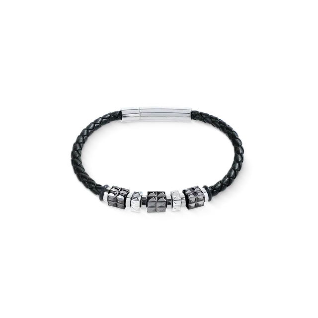 coeur-de-lion-armband-leder-schwarz-edelstahl-gun-metal-spikes-cubes-herren image 1