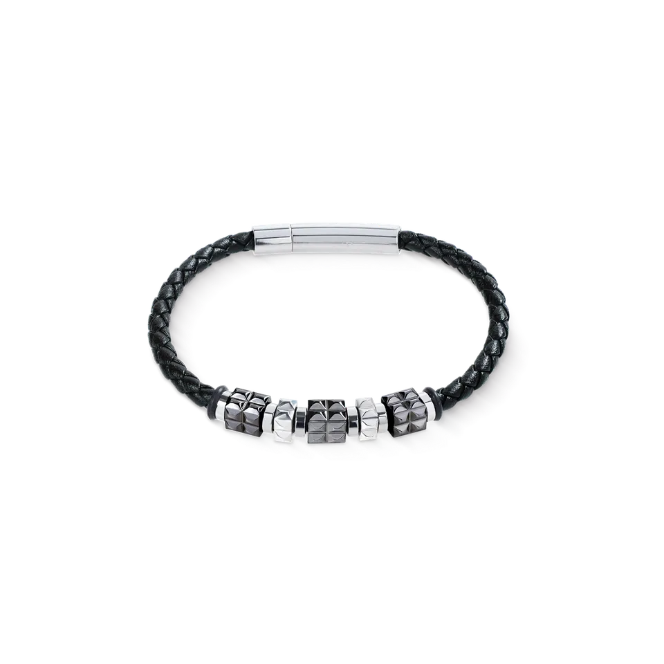 coeur-de-lion-armband-leder-schwarz-edelstahl-gun-metal-spikes-cubes-herren image 1
