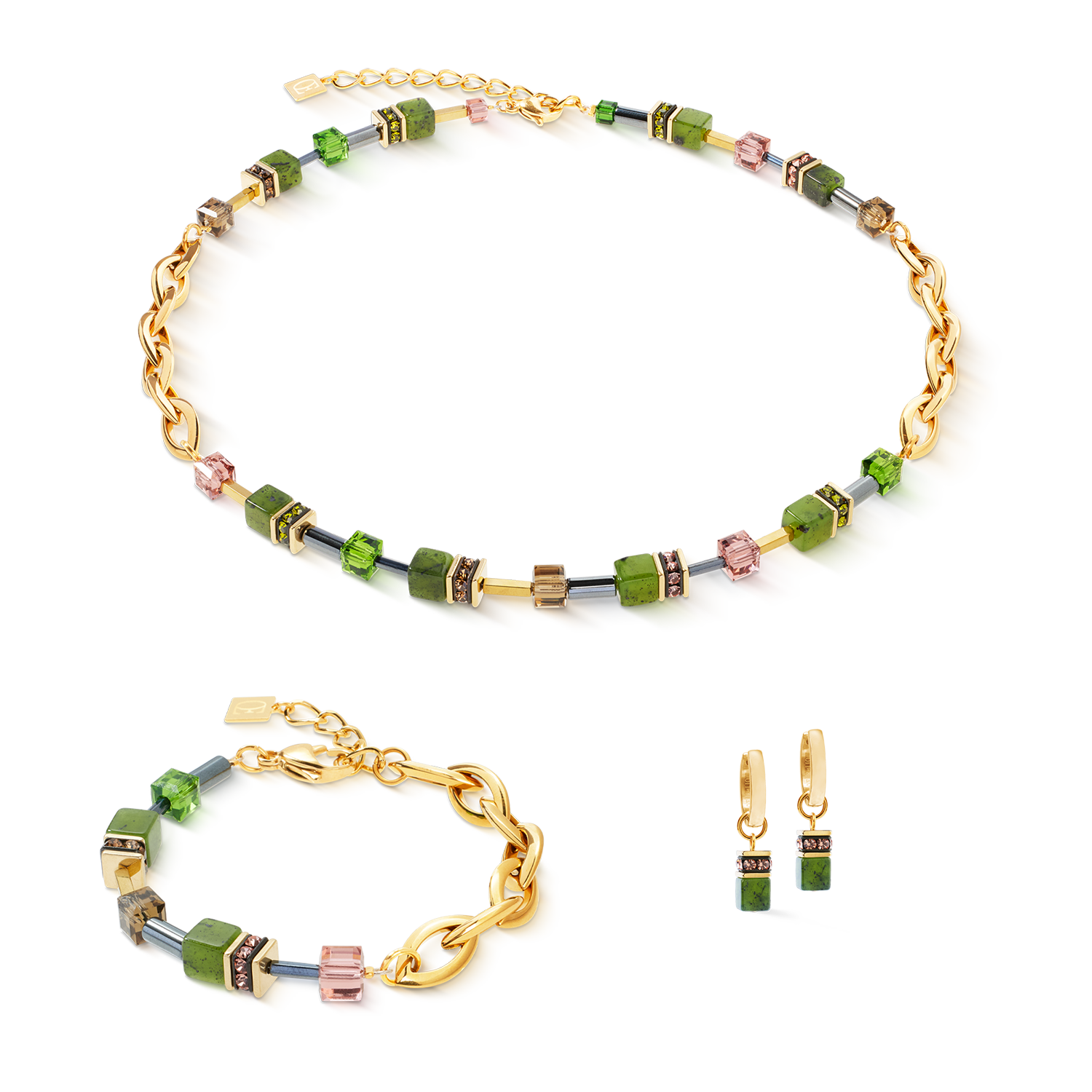 coeur-de-lion-geocube-chunky-chain-creolen-gold-gr-n-mit-nephrit-anh-nger image 3