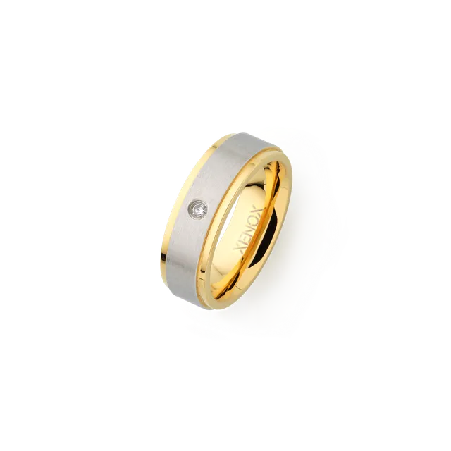 xenox-partnerring-edelstahl-silber-gold-mit-zirkonia-stein image 1