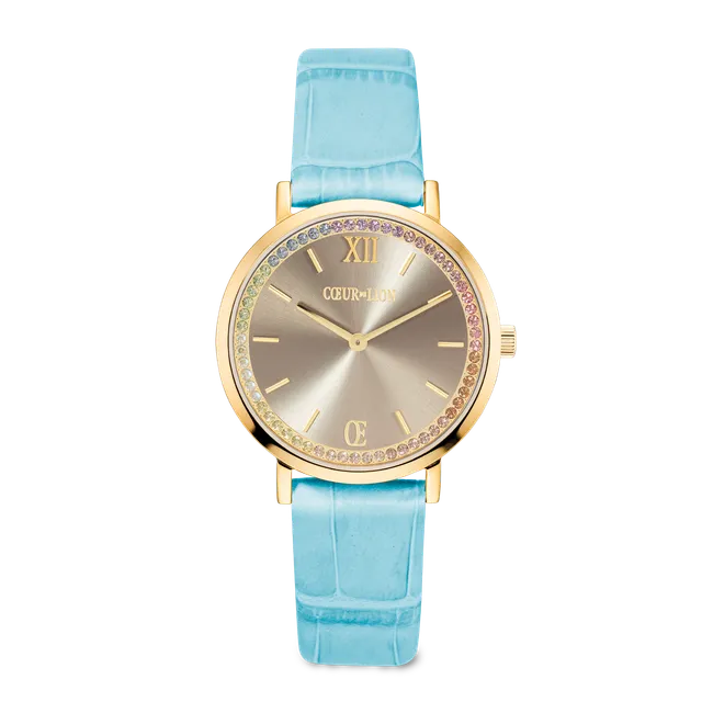 coeur-de-lion-sparkling-watch-uhr-rund-pastel-lovers-gold-mit-lederarmband-blau image 1