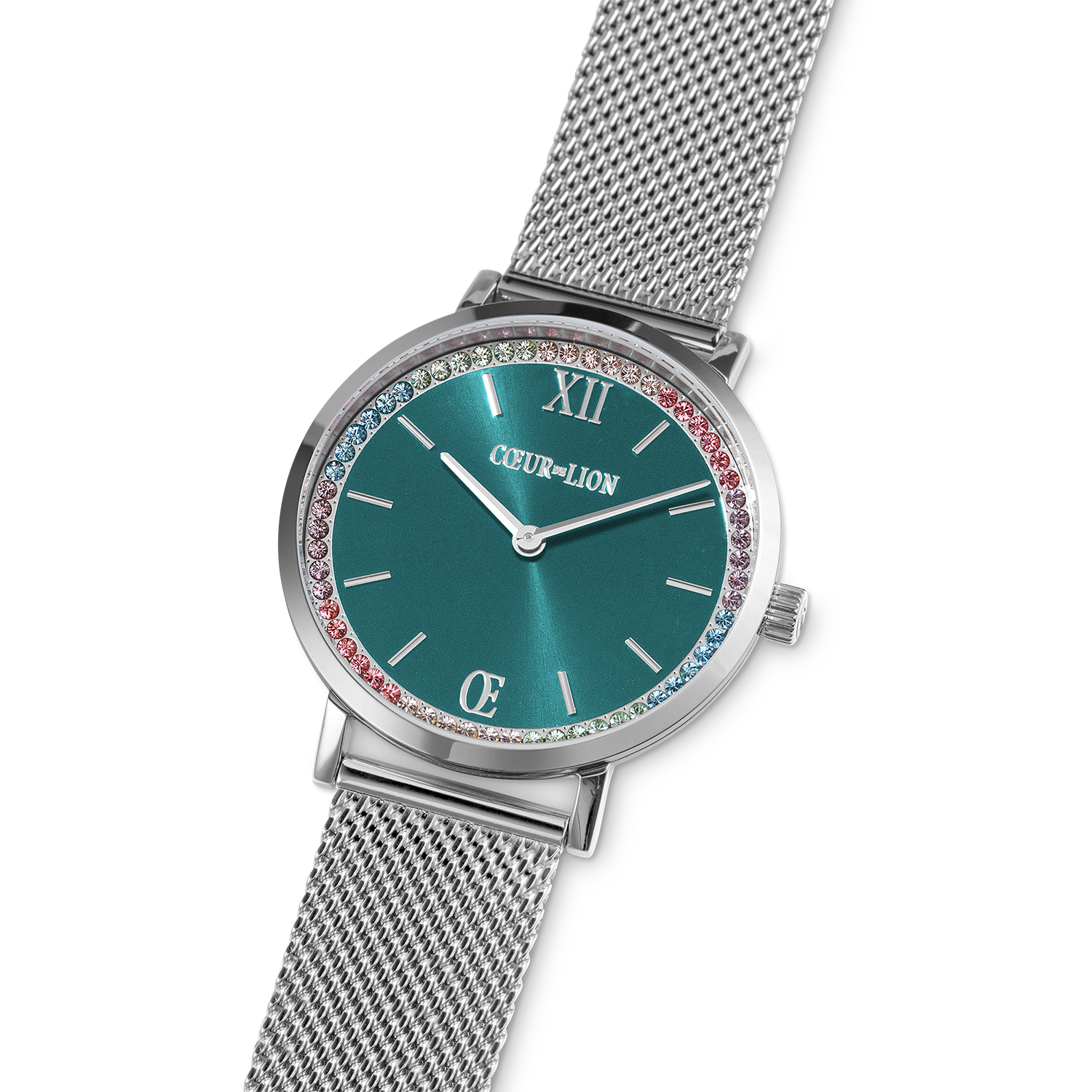 coeur-de-lion-uhr-rund-sparkling-sunray-transformative-teal-milanaise-silber image 2