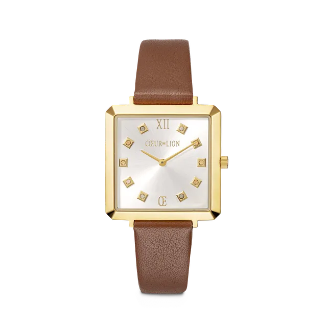 coeur-de-lion-iconic-square-armbanduhr-gold-white-sunray-leder-braun image 1