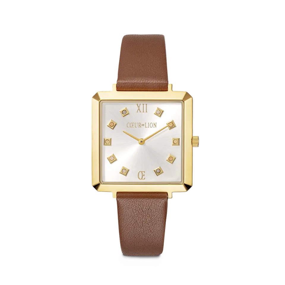 coeur-de-lion-iconic-square-armbanduhr-gold-white-sunray-leder-braun image 1