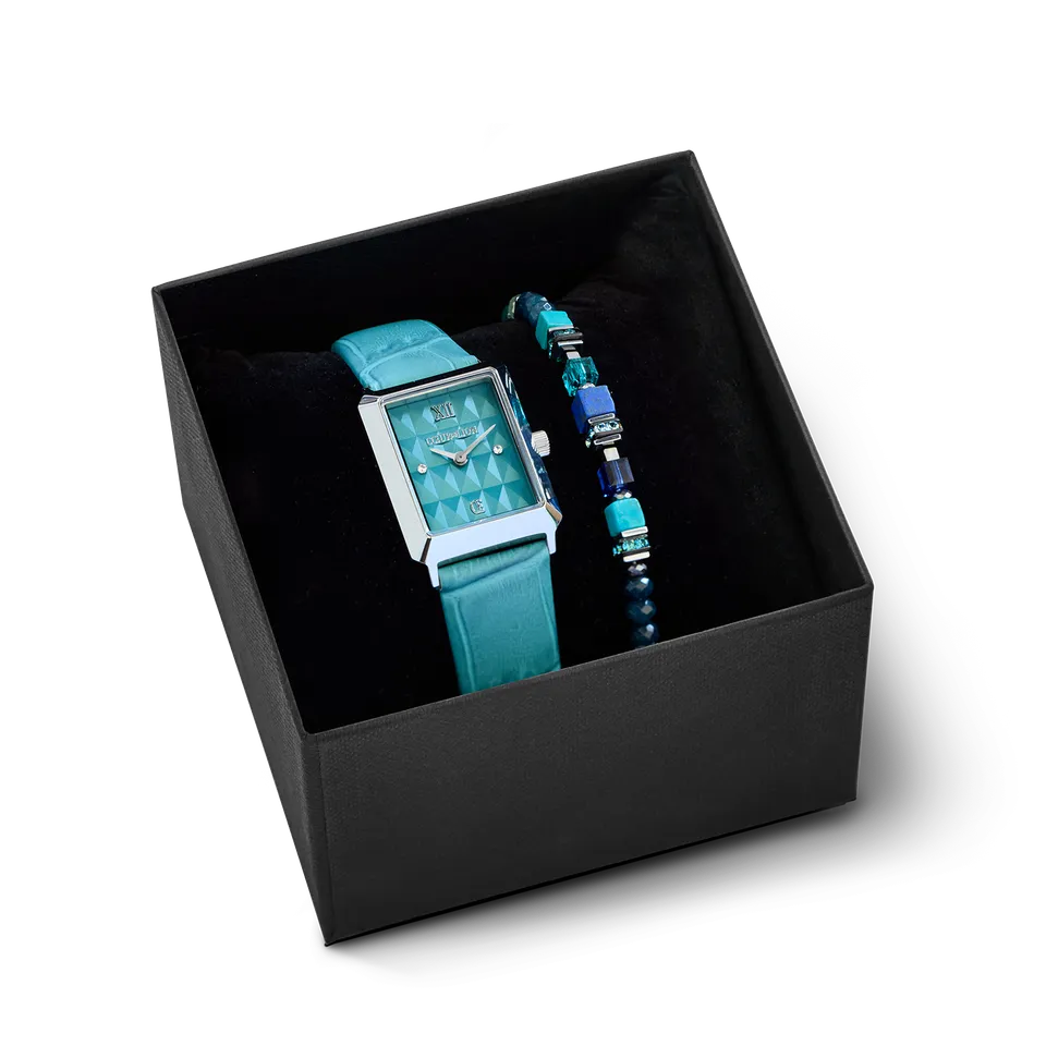 coeur-de-lion-geschenkset-uhr-iconic-spikes-transformative-teal-silber-armband-w image 1
