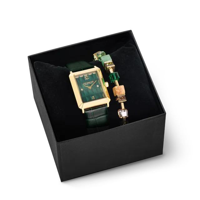coeur-de-lion-geschenkset-uhr-iconic-spikes-forest-green-gold-geocube-armband-em image 1