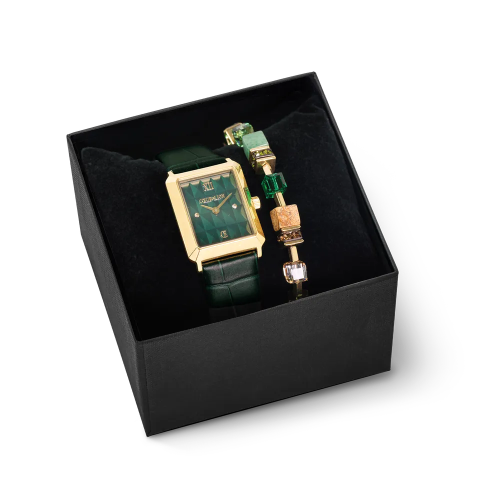 coeur-de-lion-geschenkset-uhr-iconic-spikes-forest-green-gold-geocube-armband-em image 1