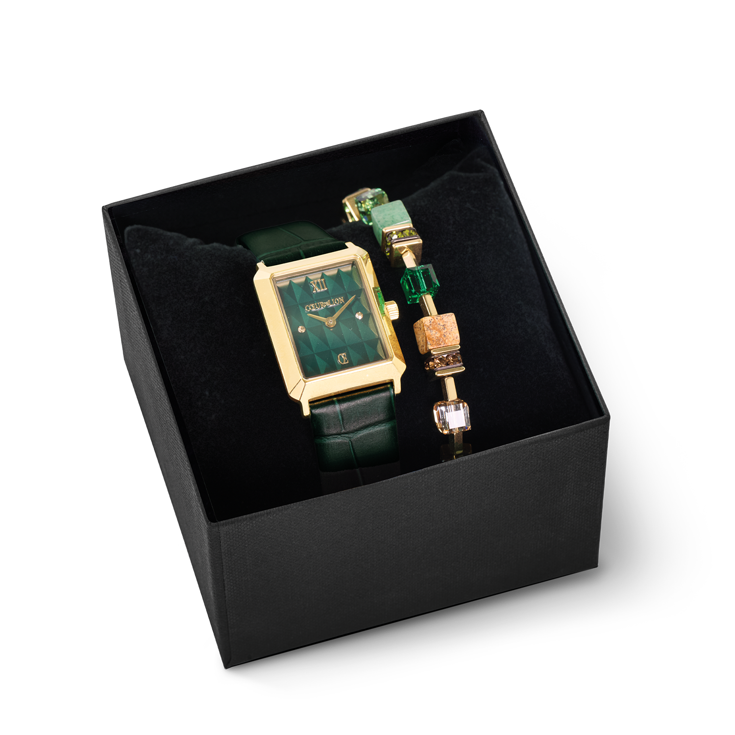coeur-de-lion-geschenkset-uhr-iconic-spikes-forest-green-gold-geocube-armband-em image 1
